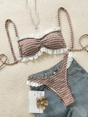 Swim Mod Plaid Ruffle Spaghetti Strap Cute Swimwear Set For Women Summer Beach Wear