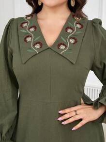 Mulvari Plus Size Women Floral Embroidered Long Sleeve Elegant Dress - Multicolor - View 6