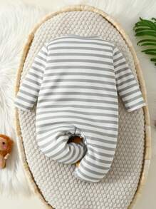 SHEIN Baby Boys' Lion Embroidered Striped Zip-Front Footed Pajamas - Multicolor - View 2
