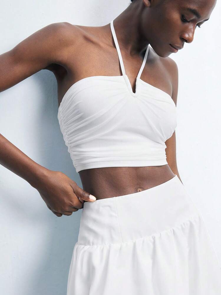 SHEIN Maija White Crew Neck Halter Tie Up Textured Fabric Chic Urban Style Women's Camisole, Suitable For Summer, Easter, St. Patrick's Day, Spring Break