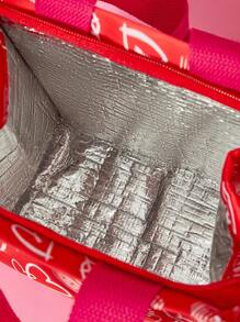 SmileyWorld® | SHEIN Red Smiling Face & Heart Print Lunch Bag, Large Capacity - Red - View 7