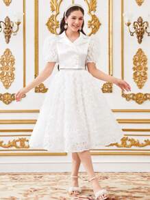 SHEIN 少女优雅翻领泡泡袖衬衫和裙子两件套 - 白色 - 查看 5