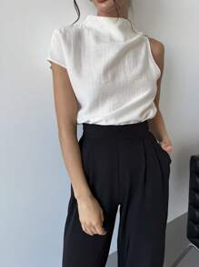 Firerie 女士春夏简约优雅时尚通勤不对称肩部竹麻米色通勤衬衫，适合毕业、教师节、返校等场合。 - 杏色 - 查看 7