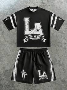 Manfinity VCAY Men's Digital Print Loose Short Sleeve Crew Neck T-Shirt Set - Black - View 1