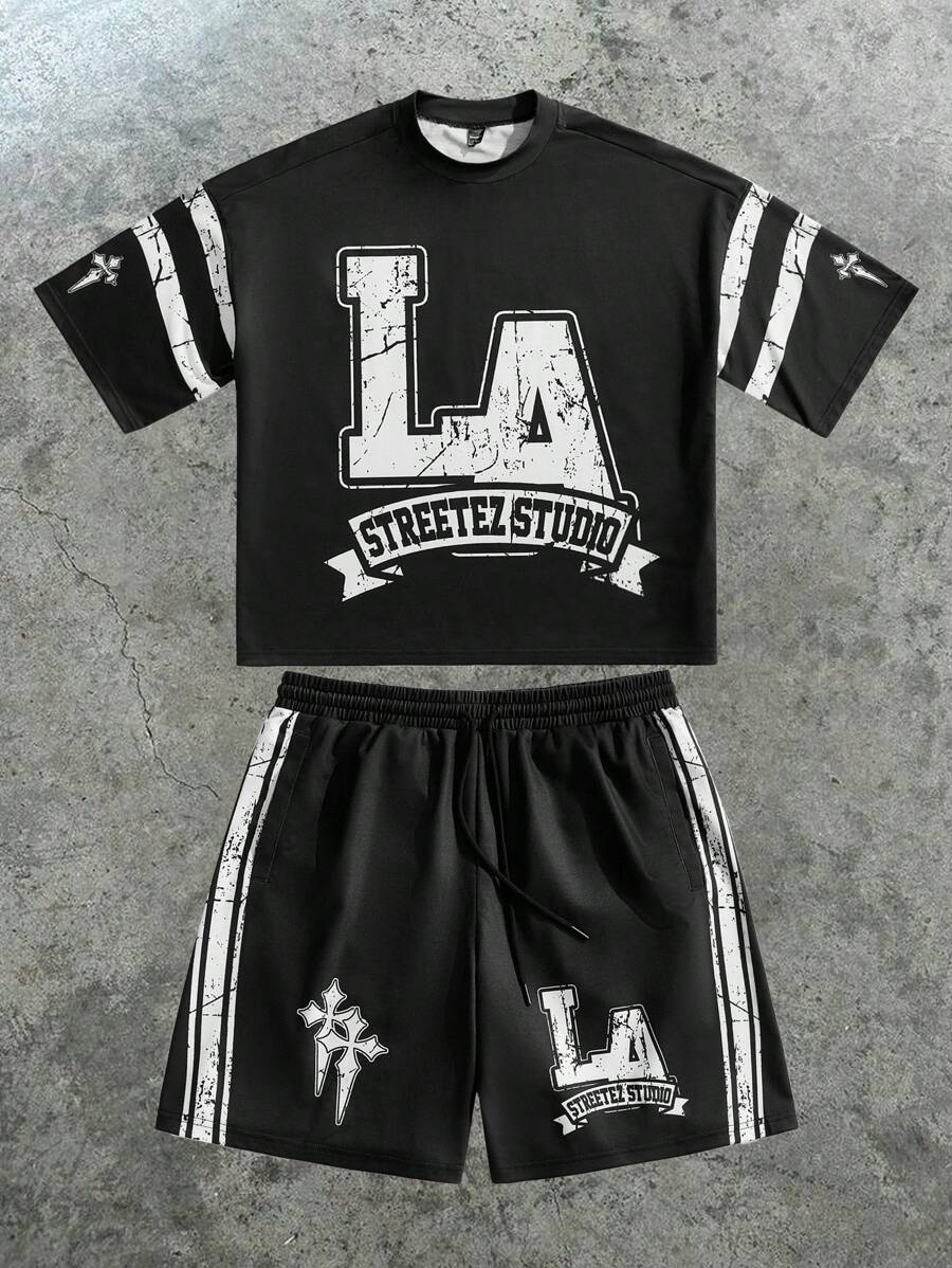 Manfinity VCAY Men's Digital Print Loose Short Sleeve Crew Neck T-Shirt Set - Black - View 1