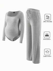 SHEIN 2pcs Grey Rib Bodysuit & Pants Set, ComfyWorkout Set, Tracksuit, Casual Style, Long Sleeve Bodysuit And Wide Leg Pants, Autumn Winter Basic Essential, Baggy Pants, Long Sleeve, Winter Clothes - Grey - View 1
