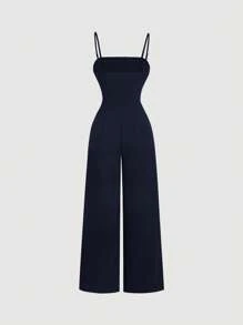 SHEIN MOD Mono de pierna ancha elegante, de lujo y de color azul marino con diseño de perlas para mujer, mono de mujer para otoño/invierno, para salir, ir al trabajo, graduación, boda, concierto