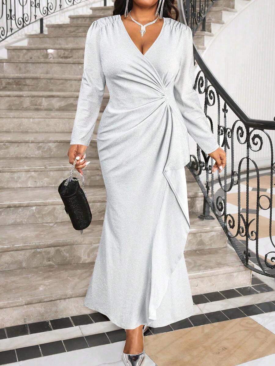 SHEIN Lady Autumn And Winter Elegant Vintage Work Wedding Cocktail Party Valentine's Day New Year Party Sparkly Sequins Knitted Depp V Neck Rhinestone Flounce New Product Bodycon Dress Plus Size Dresses Formal Dress Prom Dress - White - View 1