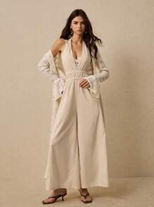 Poéselle V-Neck Jumpsuit, Backless Jumpsuit, Jumpsuit With Pockets,Women's Solid Color Suspender Jumpsuit, Simple & Fashionable For Summer, Boho Chic Clothes