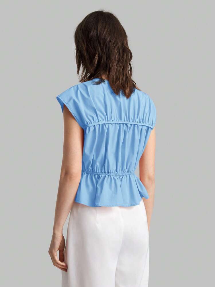 Women's 2025 Spring New Blue Simple Tie-Up Blouse, Casual Daily, Suitable For Valentine's Day, School Wear And Outgoing