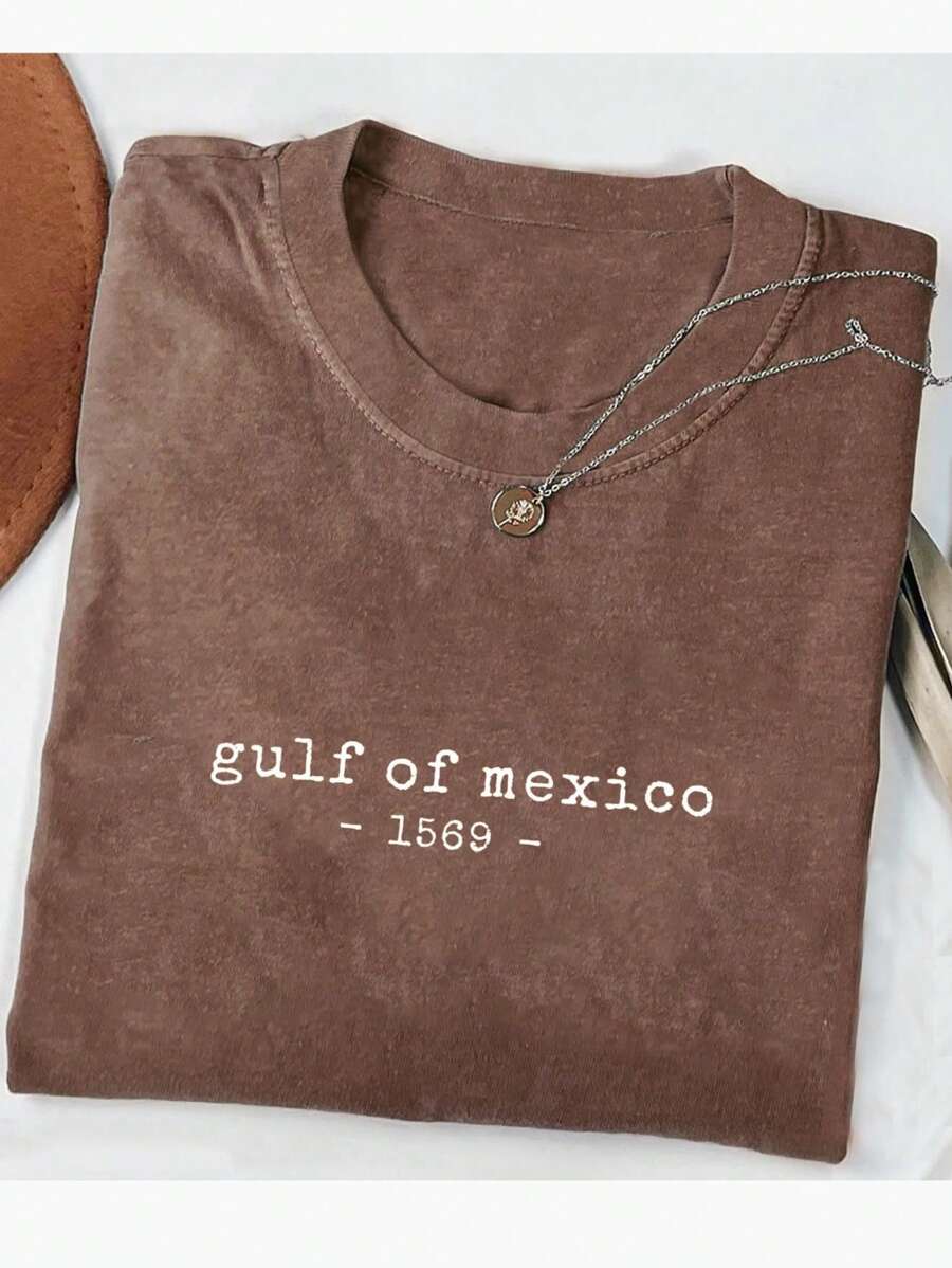 休闲简约字母印花短袖T恤，夏季 - 咖啡棕 - 查看 1