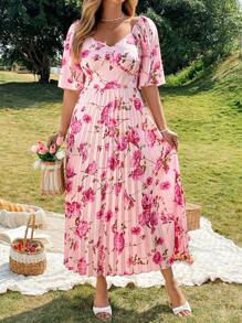 Franclia Vestido estampado de talle alto y plisado elegante francés para mujer talla grande