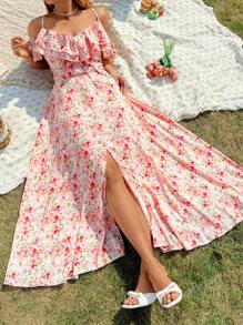 Roveilla Sukienka damska w dużych rozmiarach z kwiatowym nadrukiem, falbaniasta, z odkrytymi ramionami i rozcięciem na dole, elegancka, świąteczna