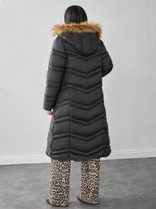 EURMUSE Women Solid Color Soft Touch Hooded Detailed Long Winter Coat Women's Clothes Work Outfits Winter Clothes For Women Winter Outfits For Women Winter Clothes Long Winter Coat For Women's Winter Coats Long Puffer Coat With Hood Women's Puffer Jacket Winter Jacket For Women - Black - View 2