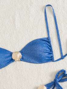 Swim SXY Sexy Backless Gerimpelde Shell Metalen Decor Glitter Stof Spaghetti Band Bikini Zomer Strand Outfit voor Dames