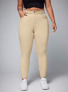 SHEIN EZwear 大码前扣口袋简约修身牛仔裤，休闲日常穿着 - 卡其色 - 查看 4