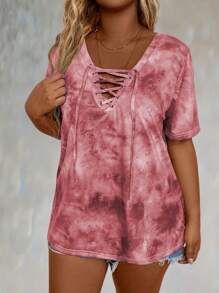 SHEIN LUNE Plus 扎染前系带 T 恤 图案 T 恤 女式上衣 - 彩色 - 查看 3