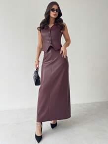 Firerie Women Elegant Simple Refined Commuting Office Fashionable Everyday V-Neck Button Leather Vest And High Waist Straight Split Hem Skirt Akula Red Leather Suit, Spring/Summer - Burgundy - View 4
