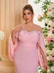 SHEIN Belle Plus Size Elegant Pink Asymmetrical Draped Sleeve Tassel Trim Sheer Neck Fitted Midi Party Dress, Wedding Guest Dress, For Cocktail - Pink - View 4