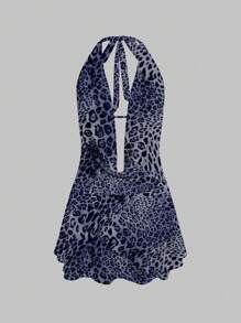 INAWLY Women Leopard Print Halter Backless Tie Casual Mini Dress - Blue - View 1