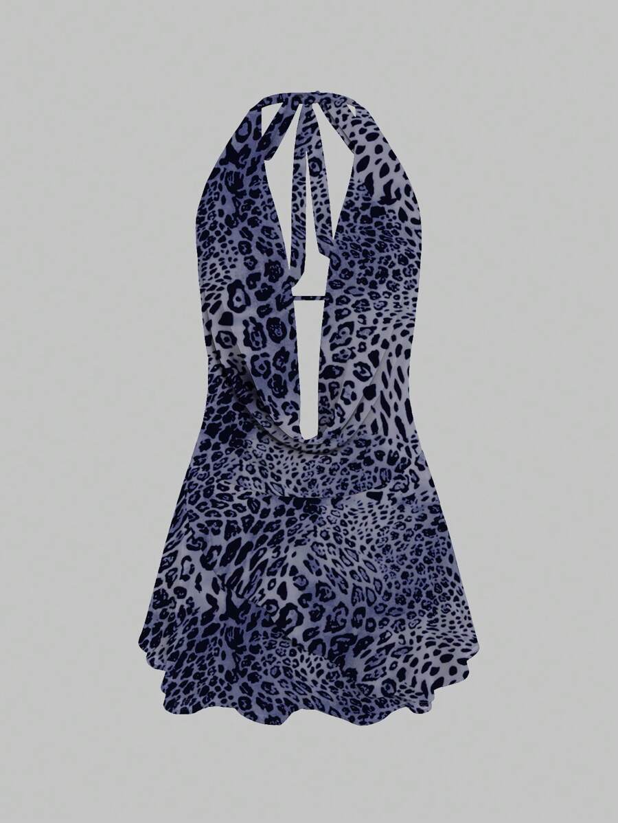 INAWLY Women Leopard Print Halter Backless Tie Casual Mini Dress - Blue - View 1