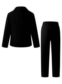 SHEIN 两件套青少年男童绅士西装套装，长袖翻领撞色外套和长裤，优雅正式的生日派对、婚礼、周年纪念、洗礼等场合的理想之选。 - 黑色 - 查看 2