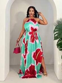 Slaydiva فستان إجازة بأسلوب أنيق وفاخر للسيدات البدينات مقاسات كبيرة، بأكمام بدون أكمام وياقة متدلية مطبوع وظهر مفتوح وبشق، مع قلادة - متعدد الألوان - مشاهدة 3
