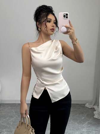 Rafferiza Women's Pleated Metal Chain Shoulder Elegant Blouse