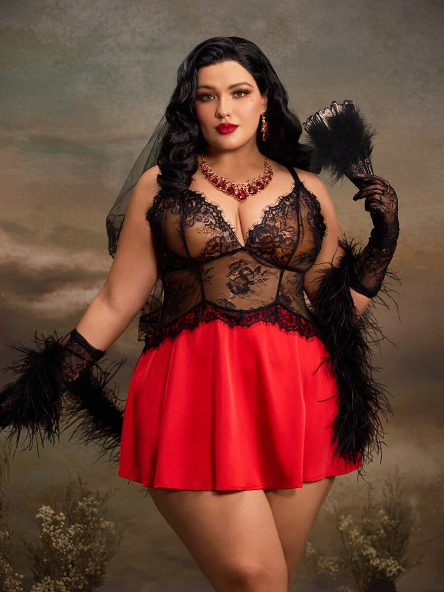 Plus Size Lace Patchwork Retro Vintage Full Coverage Lingerie - Red - View 1