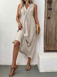 SHEIN Clasi Women's Button Decor Pocket V-Neck Sleeveless Mid-Length Dress - Khaki - View 4