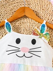 Young Girls Cute Rabbit Graphic Rainbow Mesh Patchwork Spaghetti Strap Dress With Bow Decor, Suitable For Spring/Summer Holiday, Outdoor, Party, Photo Shooting - White - View 5