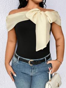 SHEIN Clasi Plus Size Women Black Contrast Color Slim Fit Elegant Tie Bow Off Shoulder Sexy Top, Summer, Rave, Festival, Spring Break, Boho - Black - View 4