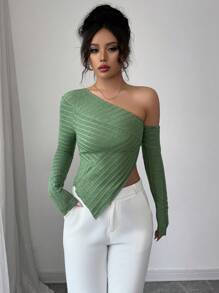 Elenzga Women Solid Color Off Shoulder Fitted Asymmetric Hem Long Sleeve Fuzzy Soft T-Shirt