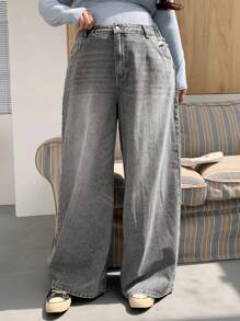 Dazy Plus Plus Size Plus Size Distressed Washed Wide Leg Long Denim Jeans,Baggy Jeans