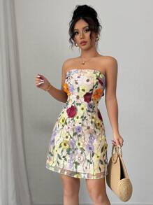 Elenzga Váy ngắn xếp ly cổ thêu hoa 3D thanh lịch dành cho nữ mùa xuân hè ngoài trời ngày lễ hội bãi biển kỳ nghỉ tiệc âm nhạc ngày lễ tình nhân đám cưới thời trang - Màu be - Xem 6