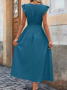 SHEIN Clasi Elegantes Damen Sommer Boho/Bohemien/Festival einfarbiges Kleid mit Rüschen-Saum und geraffter Taille, Maxikleid, Langes Kleid für Frauen