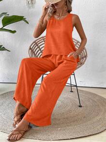 Breezaya Women Solid Color Backless Sleeveless Top And Pants Two Pieces Set - Orange - View 7