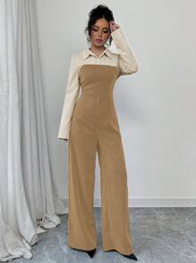 Chiquease 休闲百搭通勤连体裤，纽扣衬衫款式，开叉腰部撞色条纹细节，秋冬款