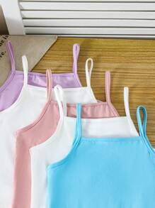 SHEIN Genkimix Kids 5 件/包年轻女孩牛奶丝简约吊带背心上衣带蝴蝶结，休闲舒适针织内衣，适合日常穿着 - 彩色 - 查看 5