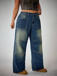 SHEIN ICON Quần jean ống đứng thêu rộng rãi, giặt thường ngày cỡ lớn phong cách cao bồi miền Tây mùa hè cho nữ - Rửa trung bình - Xem 6