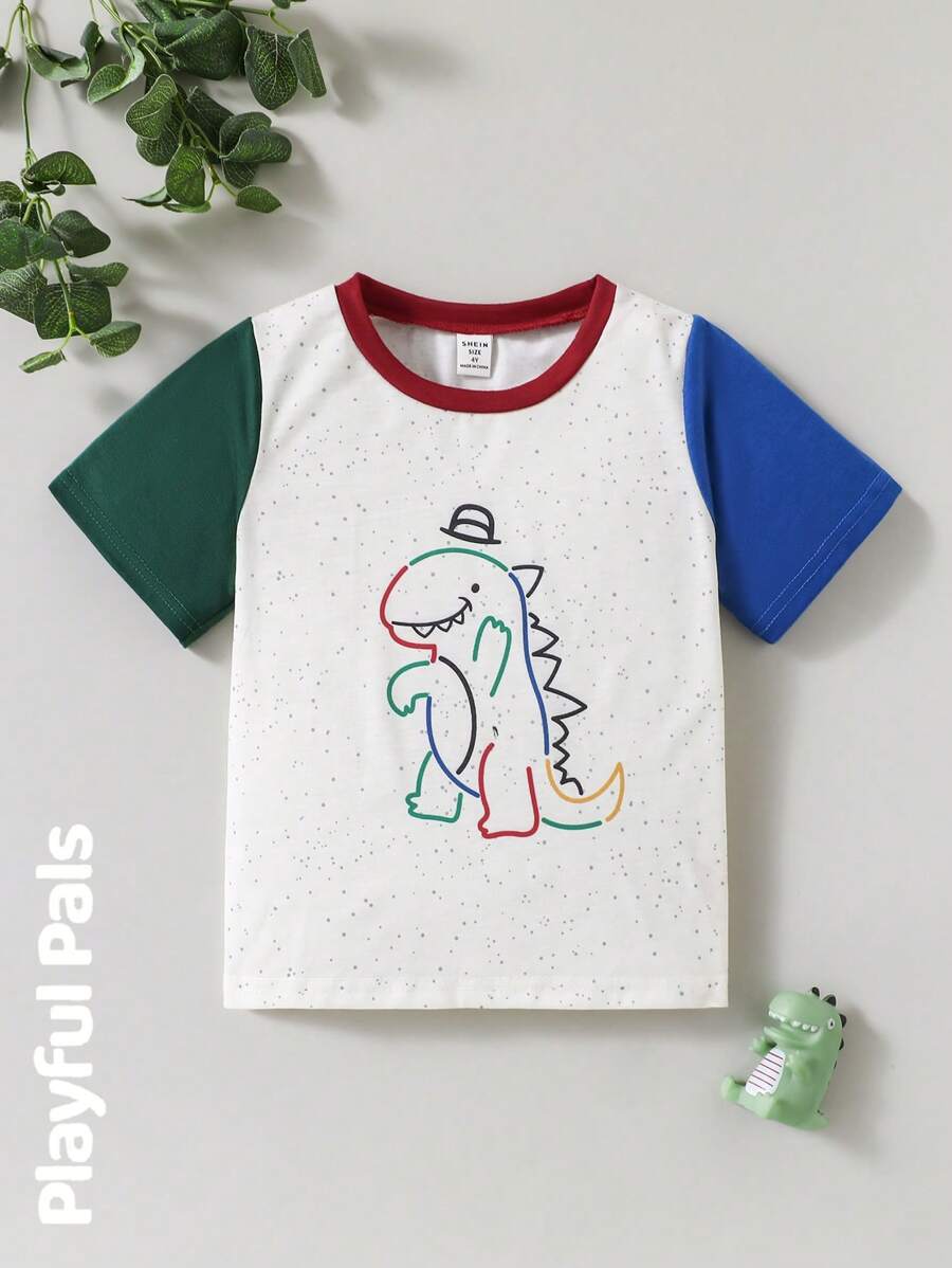 SHEIN 幼儿男孩撞色恐龙印花短袖 T 恤 - 彩色 - 查看 1