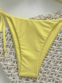 SHEIN Swim 2pcs/Set Women Beach Summer Outfits, Solid Color Spaghetti Strap Beaded Flower Metal Decor Bikini Set - Yellow - View 4