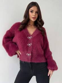Firerie Cardigan Wanita Elegan Kasual untuk Beraktivitas di Rumah, Nyaman, dengan Hiasan Pita dan Rhinestone, Cocok untuk Musim Dingin - Burgundy - View 3