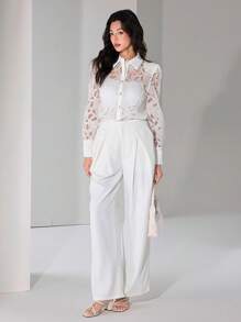 Heiryn 女士蕾丝长袖单排扣优雅时尚衬衫 - 白色 - 查看 6