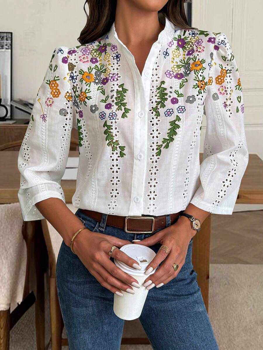 SHEIN Clasi 女士花卉刺绣泡泡袖单排扣宽松休闲衬衫