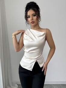 Rafferiza Women's Pleated Metal Chain Shoulder Elegant Blouse - Apricot - View 5