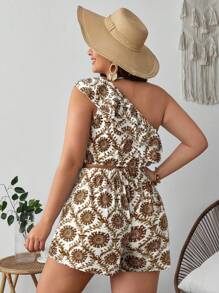 SHEIN VCAY Plus Size Women Boho Floral Print Patchwork Ruffle Trim Top And Shorts Two-Piece Casual Vacation Set, For Summer - Brown - View 2