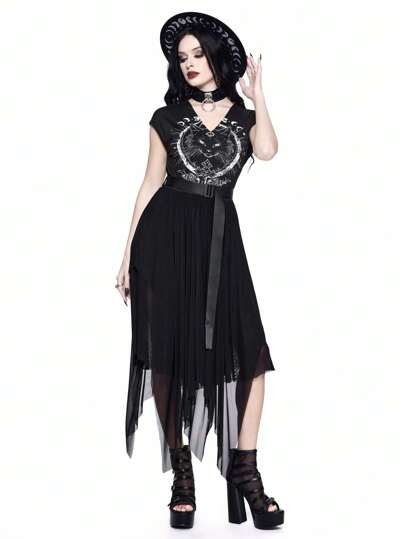 Goth V-Neck Front Print, Black Punk Style Midi Dress For Women With Belted Waist And Asymmetrical Mesh Hem Gothic Dress,Summer,Summerouis ,Summer Cothes,Summer Outfits For Women
