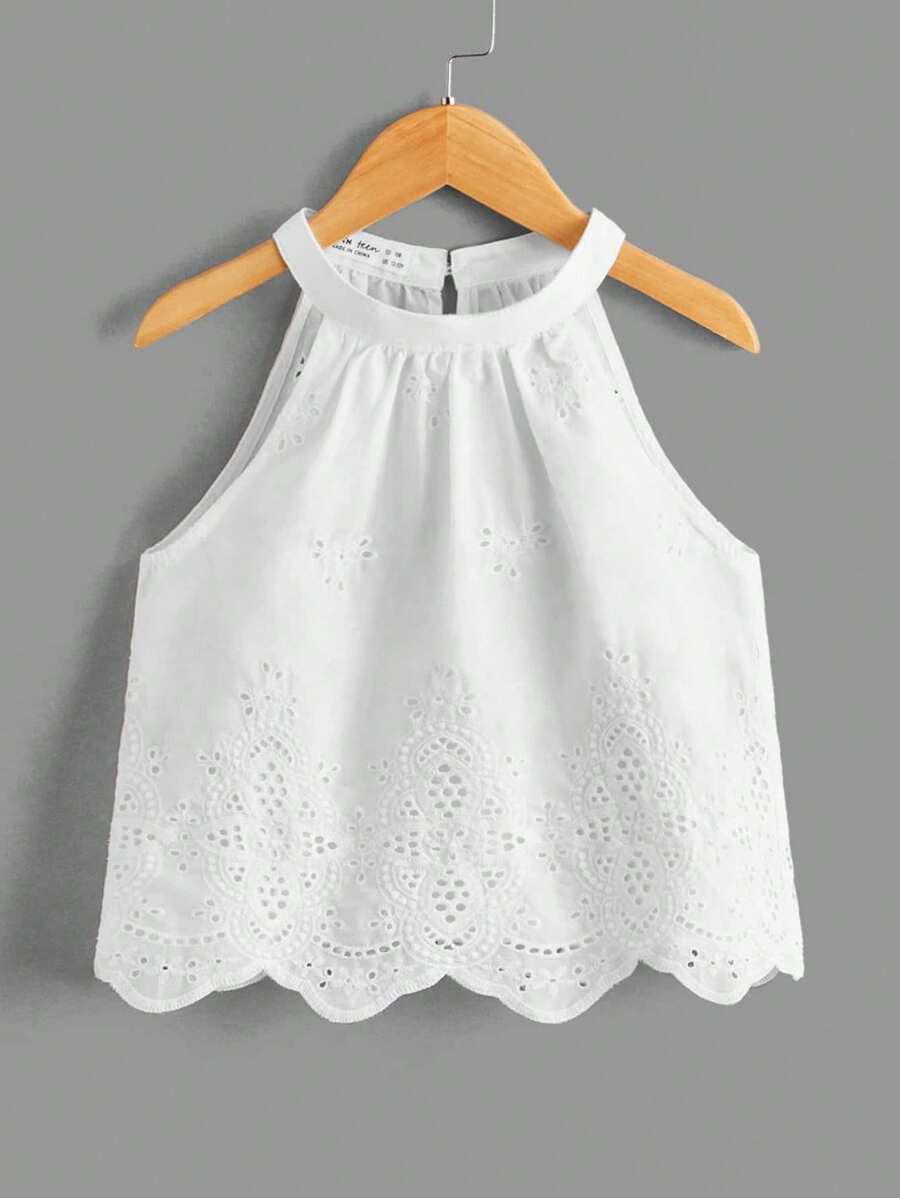 SHEIN Young Girl Plain Woven Fitted Casual Tank Top, Sleeveless Crew Neck