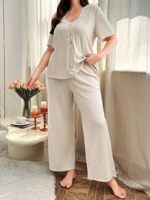 Summer Knitted Rib Casual Pajama Set - White - View 3